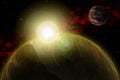 Unknown planet. Color star, sun, moon, stars, space nebula. Basis: author`s phototextures.