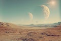 Unknown Planet Landscape, Unearthly Epic View, Unfamiliar Huge Planets of Different Sizes