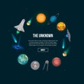 The unknown universe banner with cosmic elements