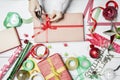 Unknown woman hand preparing Christmas gift Royalty Free Stock Photo