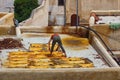 Unknown worker lays painted hides on the roof of old tannery in Fez. Morocco. The tanning industry in the city is considered one