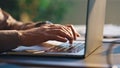 Unknown writer typing keyboard laptop at table close up. Hands pressing buttons Royalty Free Stock Photo