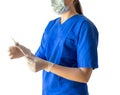 Unknown young female doctor in blue medical uniform with mask ho Royalty Free Stock Photo