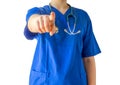 Unknown young female doctor in blue medical uniform pointing at