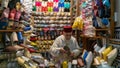 Unkown man selling slippers and shoes in traditional store in Fes, Morocco