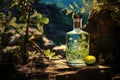Unlabeled Bottle Of Gin With Picturesque Rustic Background. Generative AI