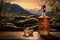 Unlabeled Bottle Of Scotch With Picturesque Rustic Background. Generative AI