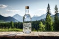 An Unlabeled Bottle Of Vodka With Picturesque Rustic Background. Generative AI