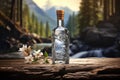 Unlabeled Bottle Of Vodka With Picturesque Rustic Background. Generative AI