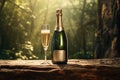 An Unlabeled Champagne Bottle With Picturesque Rustic Background. Generative AI