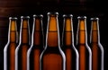 Unlabelled beer bottles on dark background.