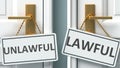 Unlawful or lawful as a choice in life - pictured as words Unlawful, lawful on doors to show that Unlawful and lawful are