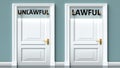 Unlawful and lawful as a choice - pictured as words Unlawful, lawful on doors to show that Unlawful and lawful are opposite