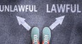 Unlawful and lawful as different choices in life - pictured as words Unlawful, lawful on a road to symbolize making decision and