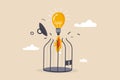 Unleash creativity or unlock business idea to grow beyond limitation concept, lightbulb creative idea breaking birdcage with