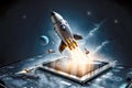 From Tablet to the Stars, Space Rocket Launch Signifying Business Triumph, AI Generated Royalty Free Stock Photo