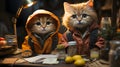 Cute little kittens in a yellow raincoat sitting at the table and reading a book AI generated