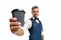 Unleash your inner barista. Coffee barista isolated on white. Happy barman serve hot drink. Takeaway service. Tea master