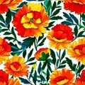 Colourful floral seamless Pattern with light background watercolour painting of French marigolds flowers Royalty Free Stock Photo