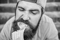 Unleashed appetite. Street food concept. Man bearded eat tasty sausage. Urban lifestyle nutrition. Carefree hipster eat Royalty Free Stock Photo