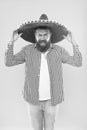 Unleashed emotions. Hipster in wide brim hat. Traditional fashion accessory for mexican costume party. He is in love