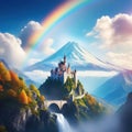 Unleashing the Mystical A Fantasy Castle in The Clouds with Rainbow Bridge using Unreal Engine and Bokeh Effects