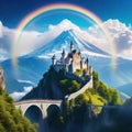Unleashing the Mystical A Fantasy Castle in The Clouds with Rainbow Bridge using Unreal Engine and Bokeh Effects