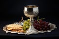 Unleavened bread with silver chalice of wine. Christian communion concept for reminder of Jesus sacrifice. Generative AI