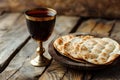 Unleavened bread with silver chalice of wine. Christian communion concept for reminder of Jesus sacrifice. Generative AI