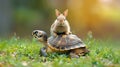Unlikely Duo: Turtle Carrying Rabbit on Its Back for a Ride