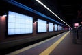 an unlit electronic billboard in a darkened commuter rail station