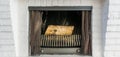 Unlit Fireplace closeup background with wooden tree logs inside