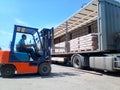 Unloading bags of cement from a truck with a forklift