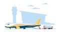 Unloading cargo plane at airport. Freight airplane loading. Aircraft or truck transportation. Logistics service