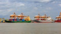 Unloading containers from cargo ships at Bangkok Port Royalty Free Stock Photo