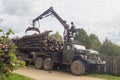 Unloading firewood from the truck in the Leningrad region of Russia.