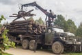 Unloading firewood from the truck in the Leningrad region of Russia.