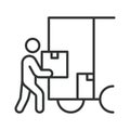 Unloading goods icon in line design. unloading, goods, worker, moving, relocation, transport, logistics on white background vector Royalty Free Stock Photo
