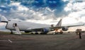 Unloading wide body cargo aircraft Royalty Free Stock Photo