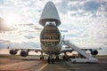 Unloading widebody cargo aircraft Royalty Free Stock Photo