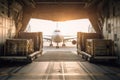 Unloading widebody cargo airplane at the airport. Generative AI Royalty Free Stock Photo