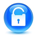 Unlock icon glassy cyan blue round button