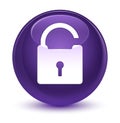 Unlock icon glassy purple round button