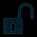 Unlock icon for protecting password with circuit board pattern texture on black background in digital data code and security Royalty Free Stock Photo