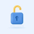 UnLock icon. Security, safety, encryption, privacy concept. 3d vector icon in cartoon minimal style
