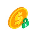 Unlock money 3D icon. Vector Isometric gold dollar coin with unlocked padlock. Unlock money secret icon, financial