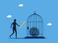 Unlock the problem of chaos. man unlocks chaos in the birdcage. concept of business