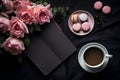 Productive Day Essentials Flat-Lay with Planner, Coffee, and Pink Flowers on Dark Background. Generative Ai Royalty Free Stock Photo