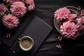 Productive Day Essentials Flat-Lay with Planner, Coffee, and Pink Flowers on Dark Background. Generative Ai Royalty Free Stock Photo