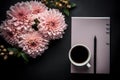 Productive Day Essentials Flat-Lay with Planner, Coffee, and Pink Flowers on Dark Background. Generative Ai Royalty Free Stock Photo